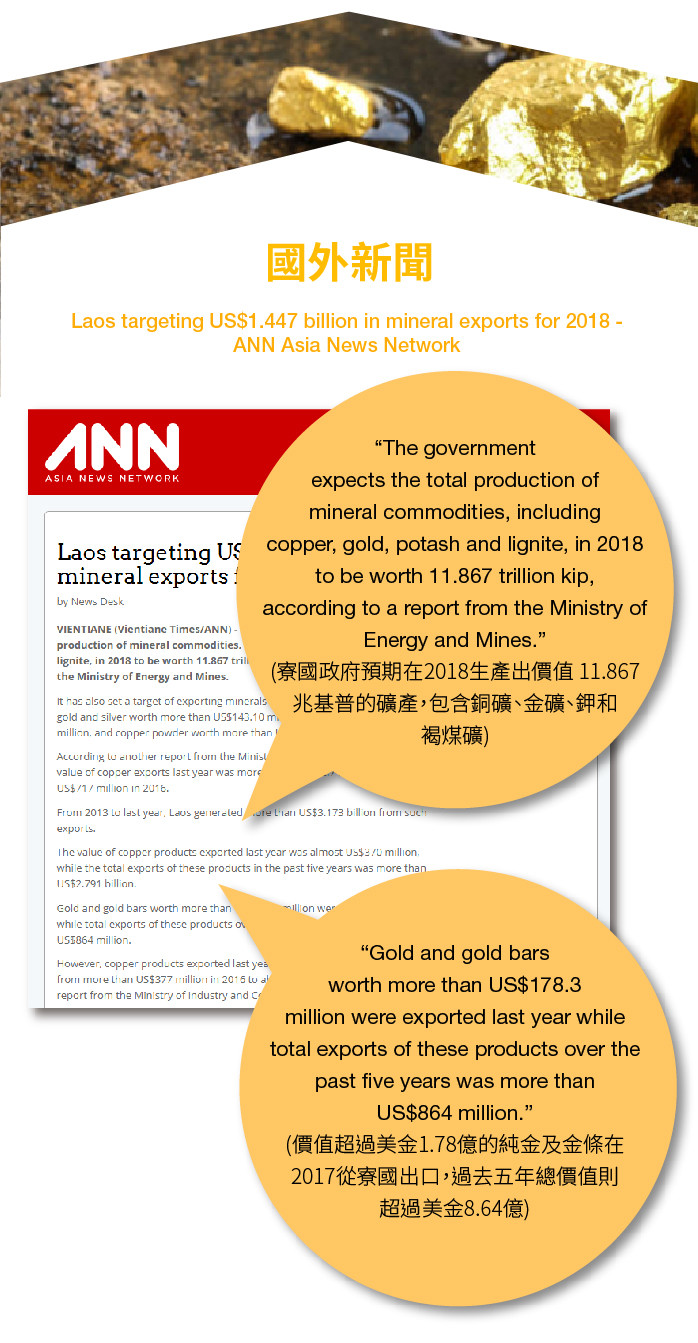 1. Laos targeting US$1.447 billion in mineral exports for 2018 - ANN Asia News Network  https://goo.gl/qxUiMh